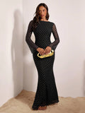 Black polka dot long sleeve backless dress side view