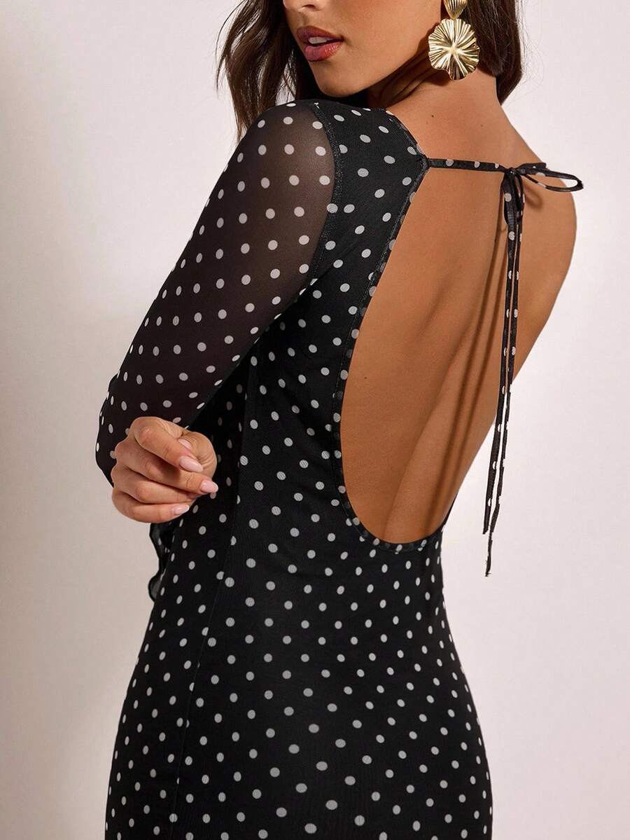 Black polka dot mesh maxi dress with open back tie