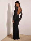 Black polka dot mesh maxi dress with open back tie