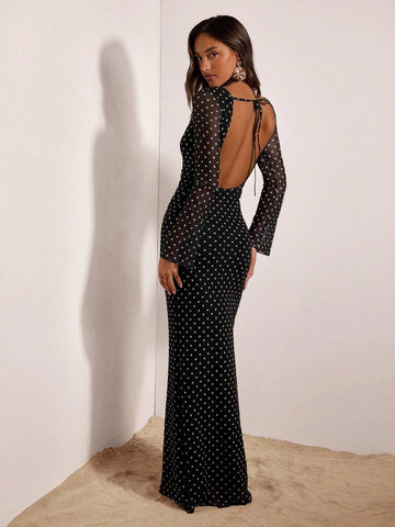 Black polka dot mesh maxi dress with open back tie