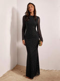 Black polka dot mermaid mesh dress back view