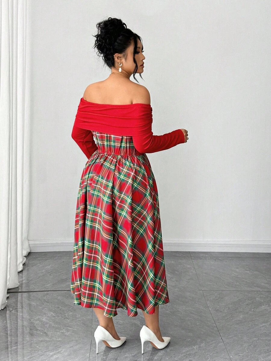 Back three-quarter view of red tartan A-line midi dress with long sleeves