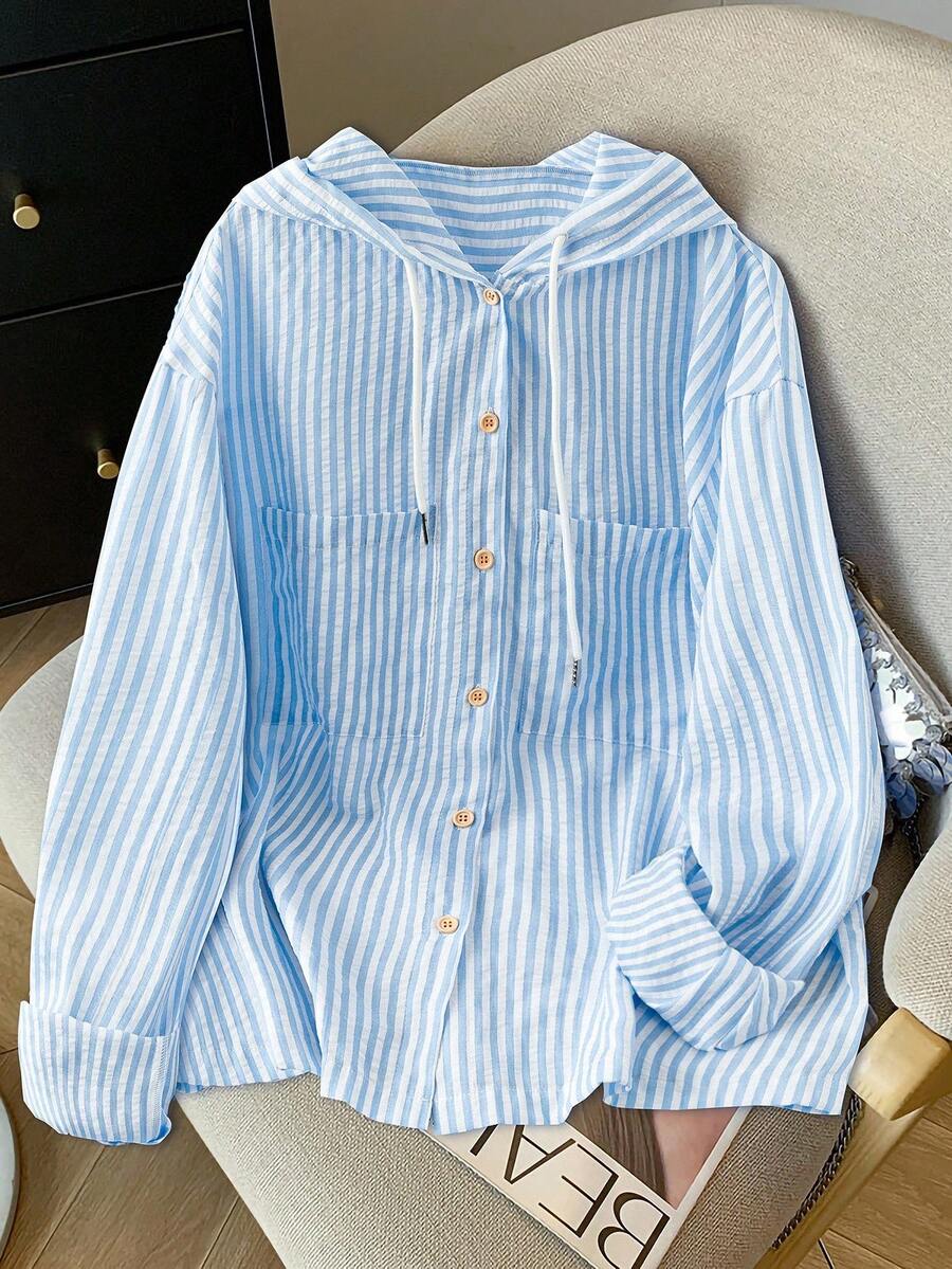 Detail view of Elegant Plus Size Striped Hooded Shirt  for Summer and Autumn - Lightweight & Stylish for everyday styling