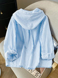 Detail view of Elegant Plus Size Striped Hooded Shirt  for Summer and Autumn - Lightweight & Stylish for everyday styling
