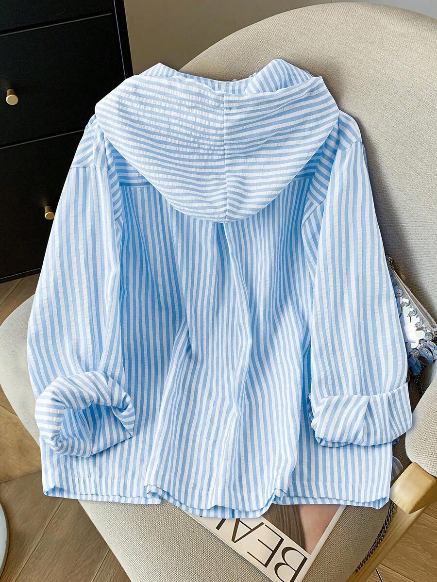 Detail view of Elegant Plus Size Striped Hooded Shirt  for Summer and Autumn - Lightweight & Stylish for everyday styling