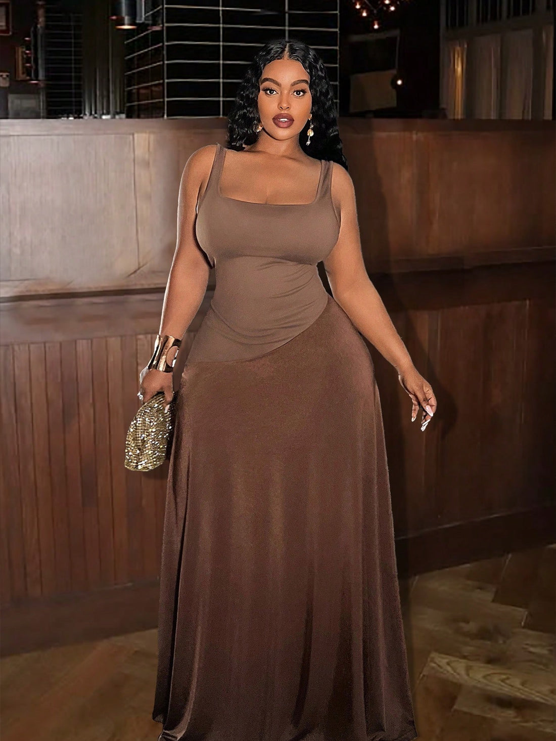 Step into the spotlight with this Elegant Plus Size Brown A-Line Maxi Dress, featuring a flirty asymmetric hem that adds a fun twist to classic style. Perfect for parties and special occasions, its flowing silhouette flatters your curves while keeping you comfy all night. Dress up, twirl, and let your confidence shine in this playful yet sophisticated look!