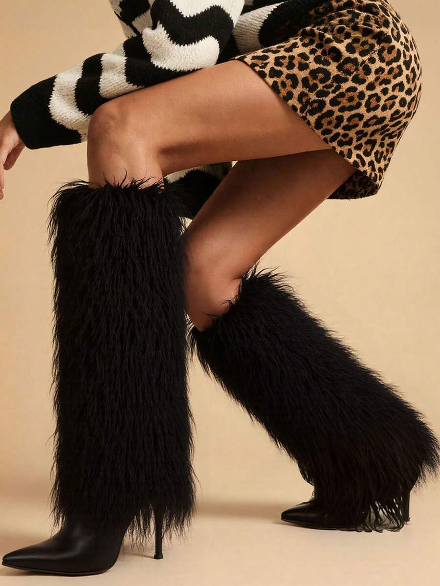 Color option view of Knee-High Stiletto Boots for Women – Pointed Toe Mongolian Furry Fashion Footwear for punk motorcycle boot styling