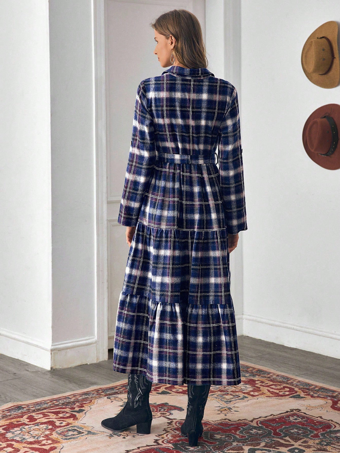 Embrace the season in this stunning autumn plaid maxi dress that perfectly blends Western charm with bohemian flair. Featuring a rich multi-color plaid pattern, long sleeves, and a flattering waist belt, this dress transitions effortlessly from casual coffee dates to cozy fall gatherings. The button-front design adds vintage-inspired detail while the flowing maxi silhouette keeps you comfortable and stylish. Perfect for anyone seeking that effortless boho-Western vibe this autumn.
