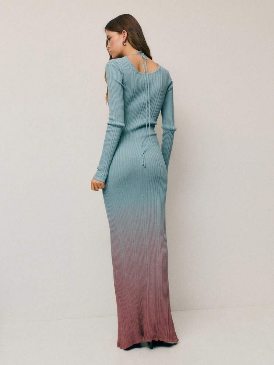 Embrace effortless elegance with this long sleeve gradient knit maxi dress, designed for those who appreciate understated sophistication. Crafted from 100% acrylic with subtle stretch, the dress features a flattering V-neckline and natural waistline that complements various body types. The rib-knit construction with delicate lettuce trim detailing adds texture and visual interest, while the straight hem creates a polished silhouette perfect for home gatherings and casual occasions. Its regular fit drapes be
