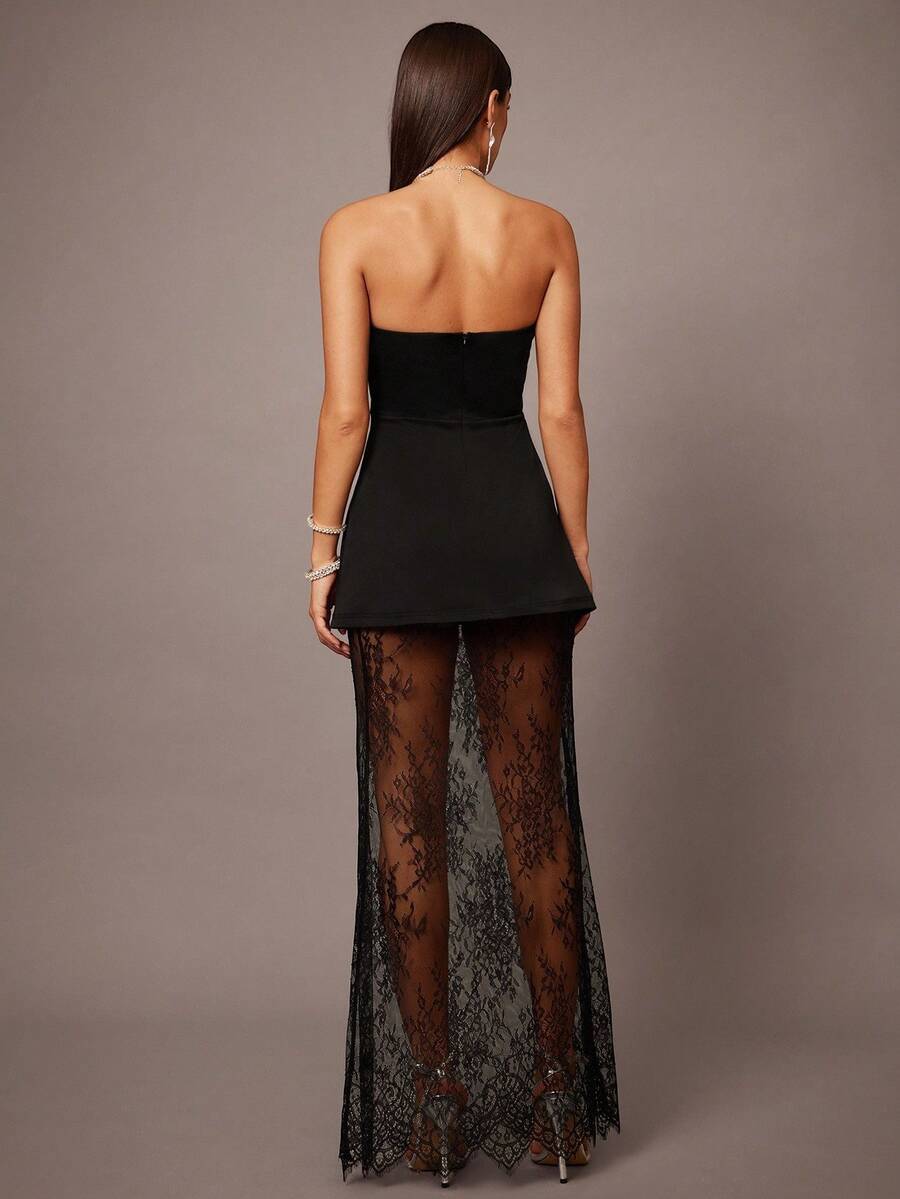 Color view 1 of strapless peplum lace sheer maxi dress set with fitted bodice and transparent floral lace skirt