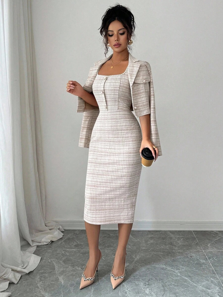 Back view of brown tweed cropped blazer and midi dress