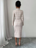 Brown tweed two piece blazer dress set with square neckline