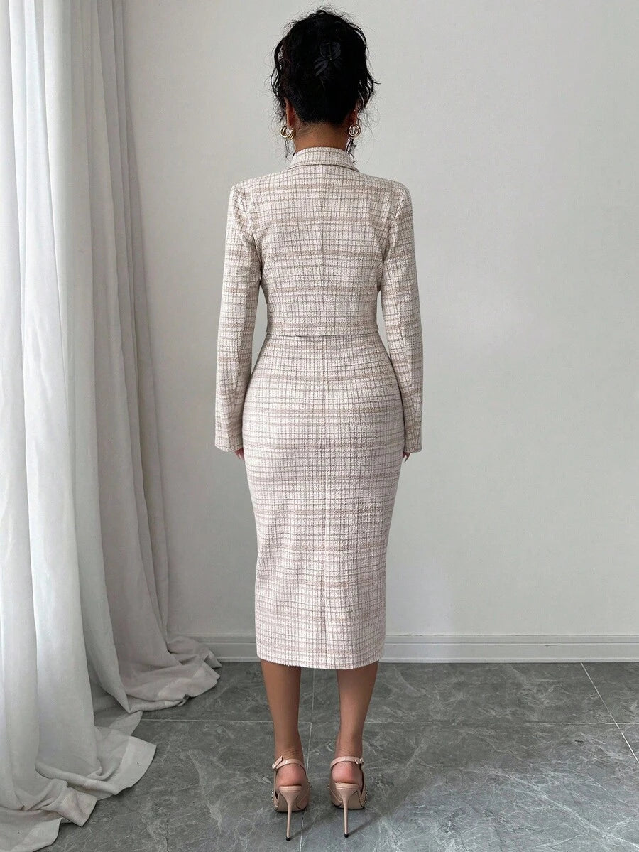 Brown tweed two piece blazer dress set with square neckline