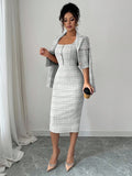 Back view of gray white tweed blazer bodycon dress set