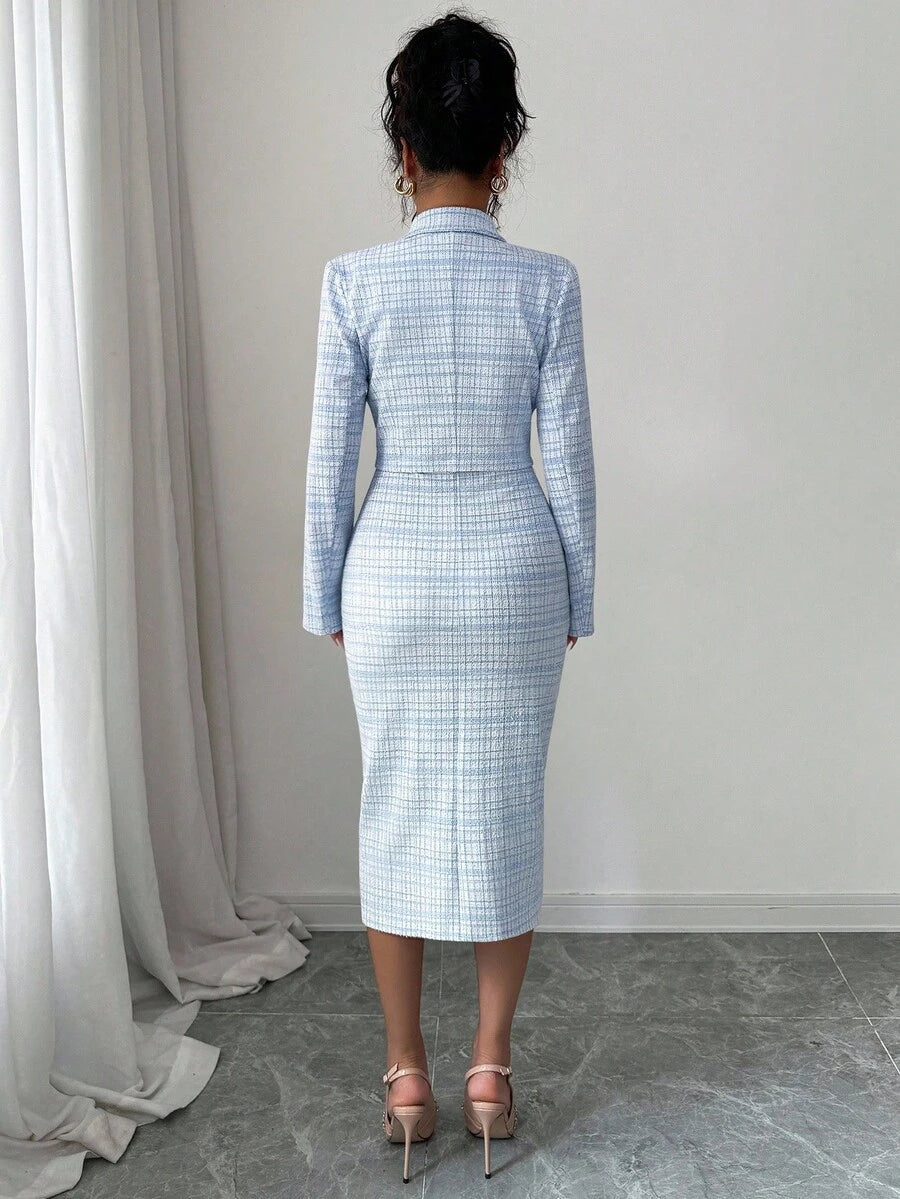 Blue tweed two piece set with square neck midi dress and lapel jacket