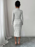 Gray white tweed two piece suit set front view with pearl buttons