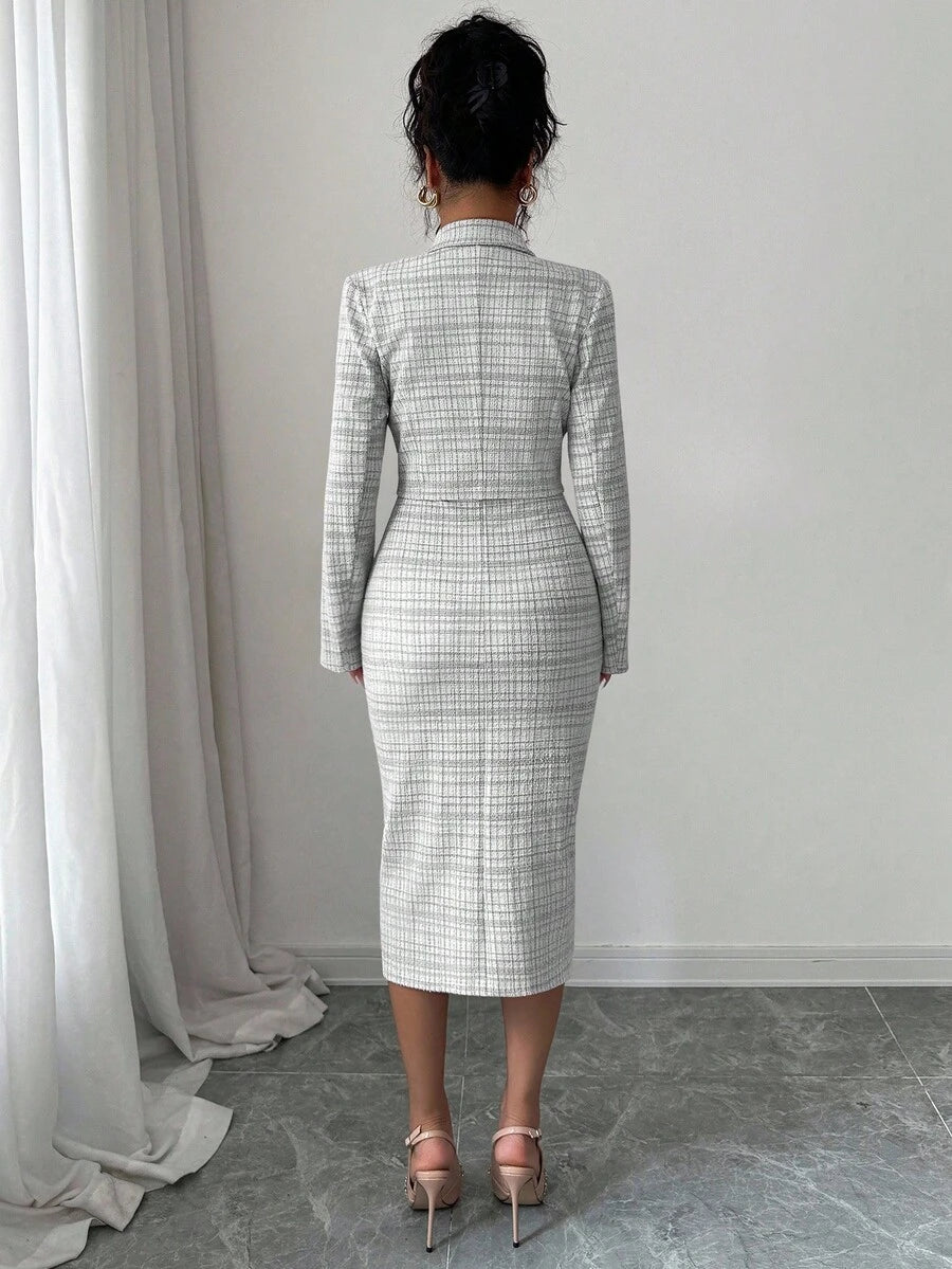 Gray white tweed two piece suit set front view with pearl buttons