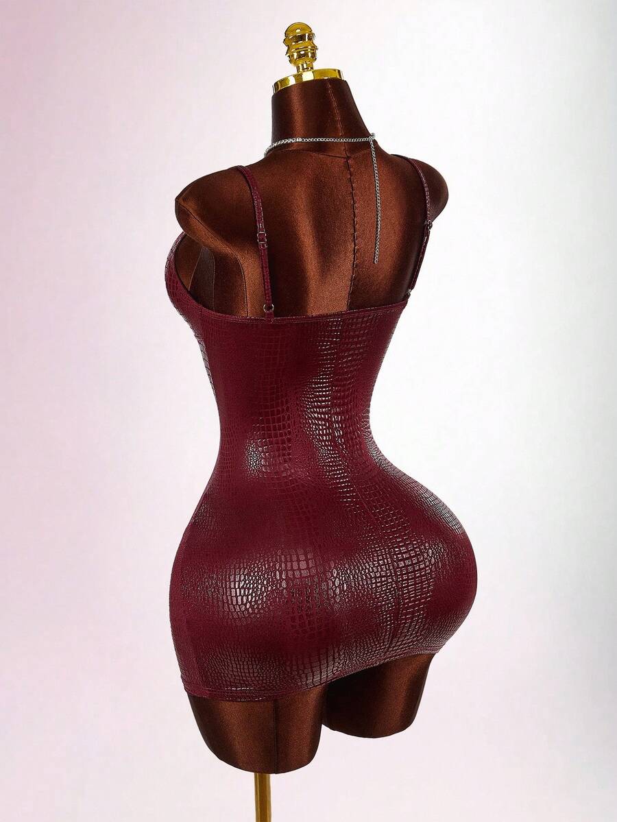 Burgundy glossy crocodile-texture cami bodycon mini dress back view