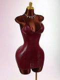 Burgundy glossy crocodile-texture cami dress neckline close-up