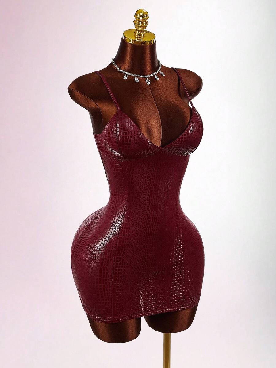 Burgundy glossy crocodile-texture cami dress neckline close-up