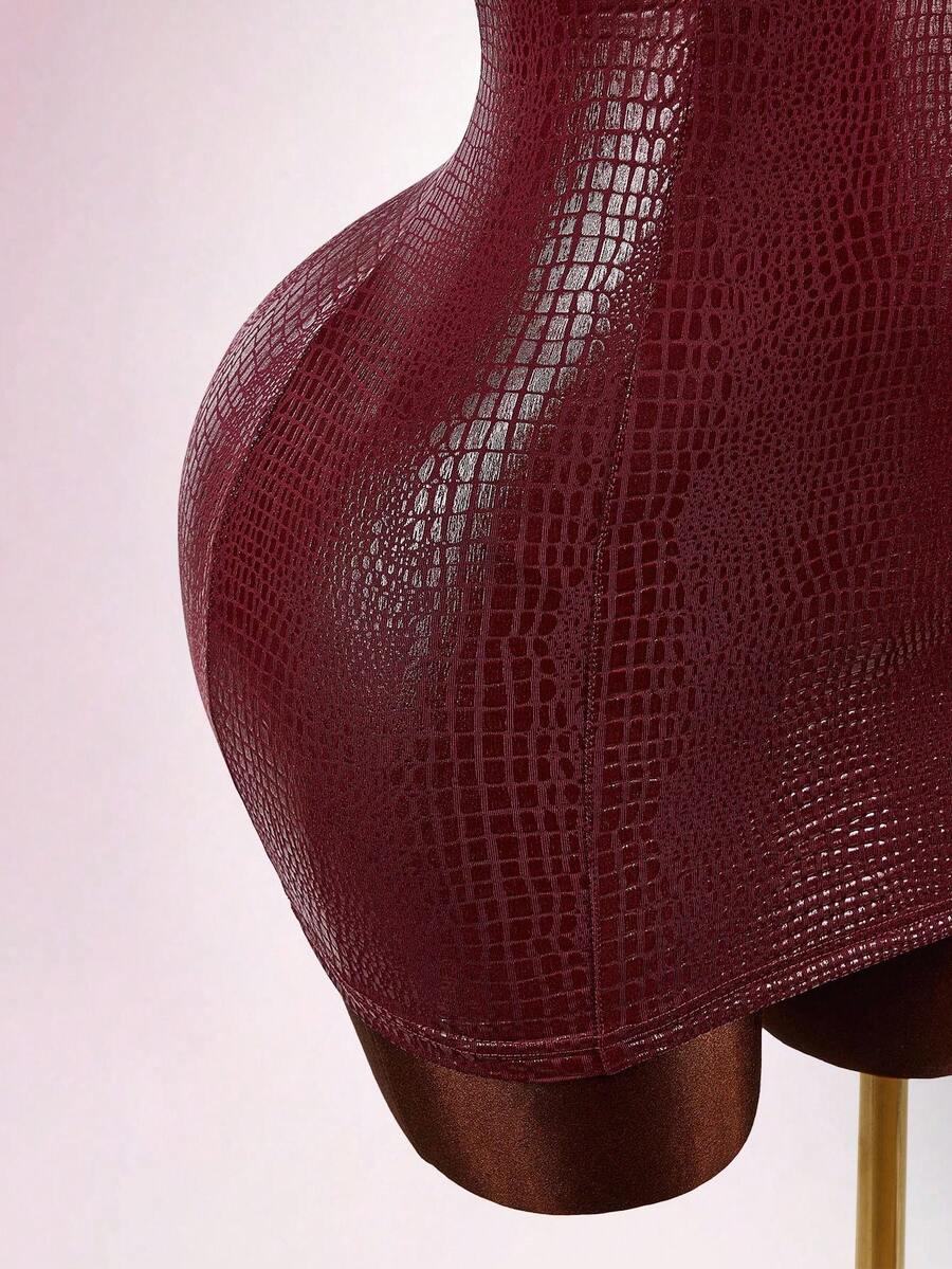 Burgundy glossy crocodile-texture bodycon mini dress front view