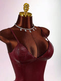 Burgundy cami bodycon mini dress with bra-free feature graphic