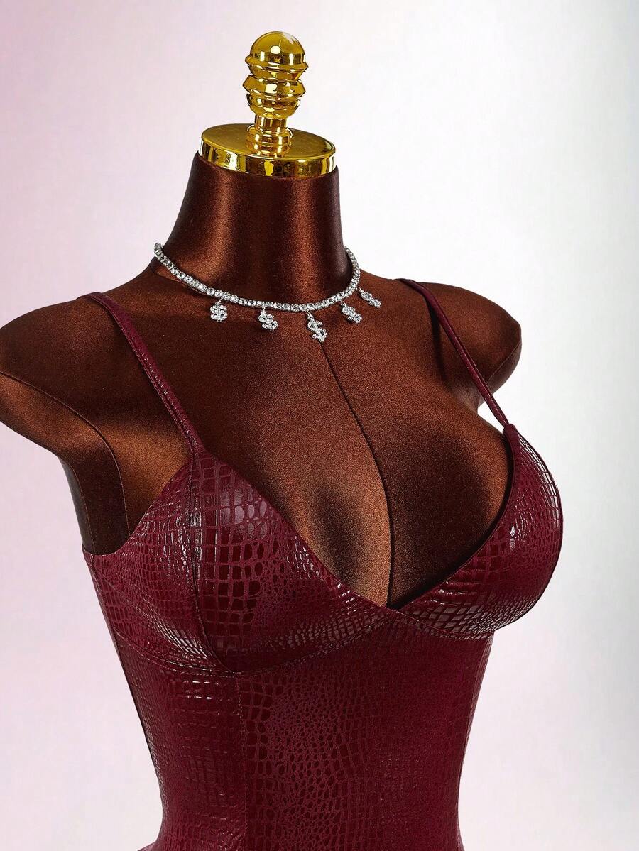 Burgundy cami bodycon mini dress with bra-free feature graphic