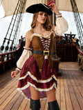 Front view of adult pirate dress with puff sleeves belt and layered skirt