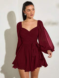Burgundy chiffon mini dress with sweetheart wrap bodice sheer balloon sleeves waist tie and ruffled hem