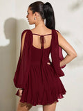 Back view burgundy chiffon mini dress with open tie back shirred bodice and layered ruffle skirt
