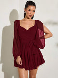 Burgundy chiffon mini dress close front with long sheer sleeves wrap bodice and side bow