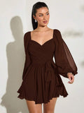 Chocolate brown chiffon mini dress with sweetheart neckline wrap bodice waist tie and sheer balloon sleeves