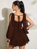 Back view chocolate brown chiffon mini dress with tie-back detail shirred bodice and ruffle hem