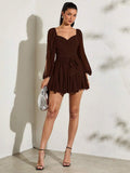 Chocolate brown chiffon mini dress with sweetheart wrap bodice waist tie and flared ruffle skirt