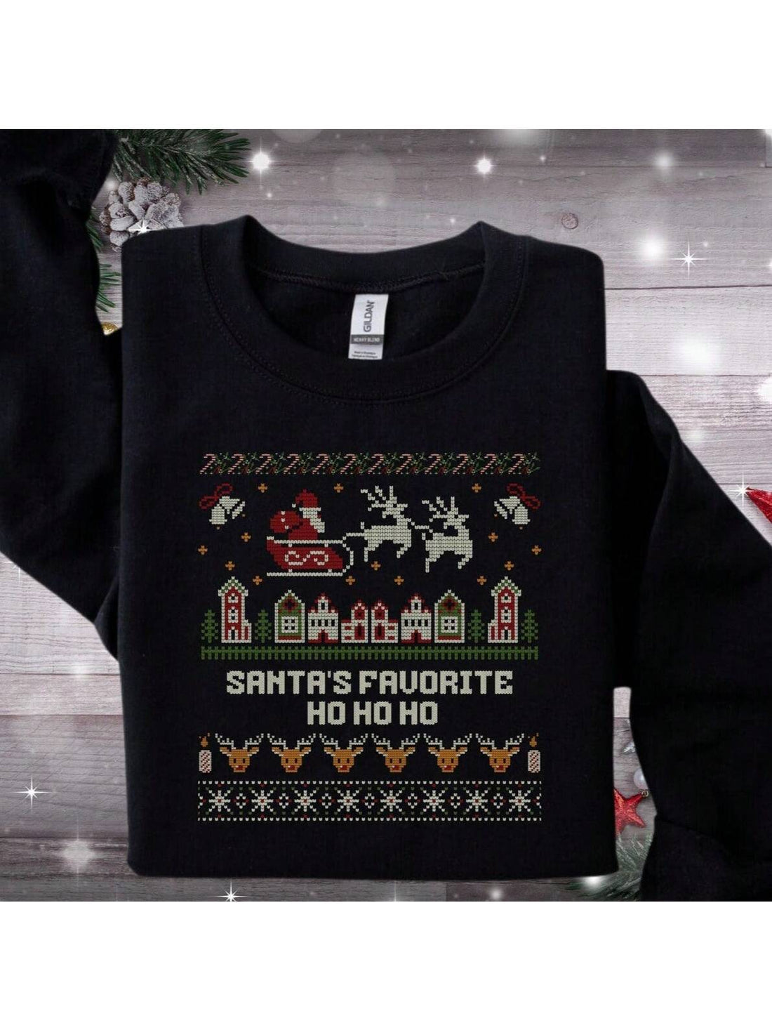 Celebrate the holiday season in style with our oversized Santa's Favorite Ho Ho Ho Ugly Christmas Sweatshirt. Designed for comfort and festive fun, this cozy sweatshirt brings holiday cheer to any gathering. Its roomy fit ensures warmth and ease of movement, making it perfect for cozy nights or spirited parties. Embrace the festive spirit with a playful design that stands out and spreads joy throughout the season.