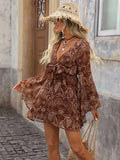 Brown paisley front tie chiffon mini dress angled front view