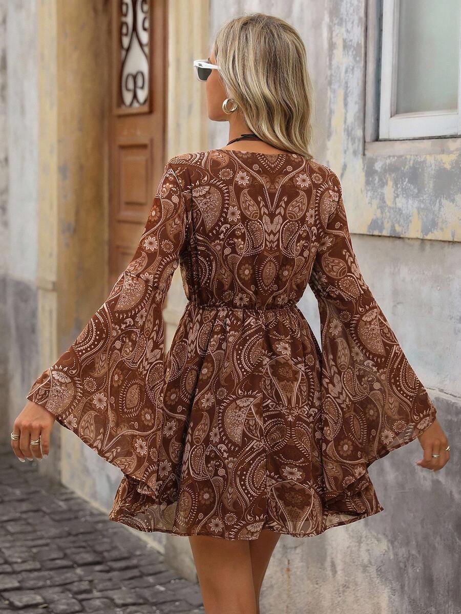 Brown paisley boho mini dress back view with flared sleeves