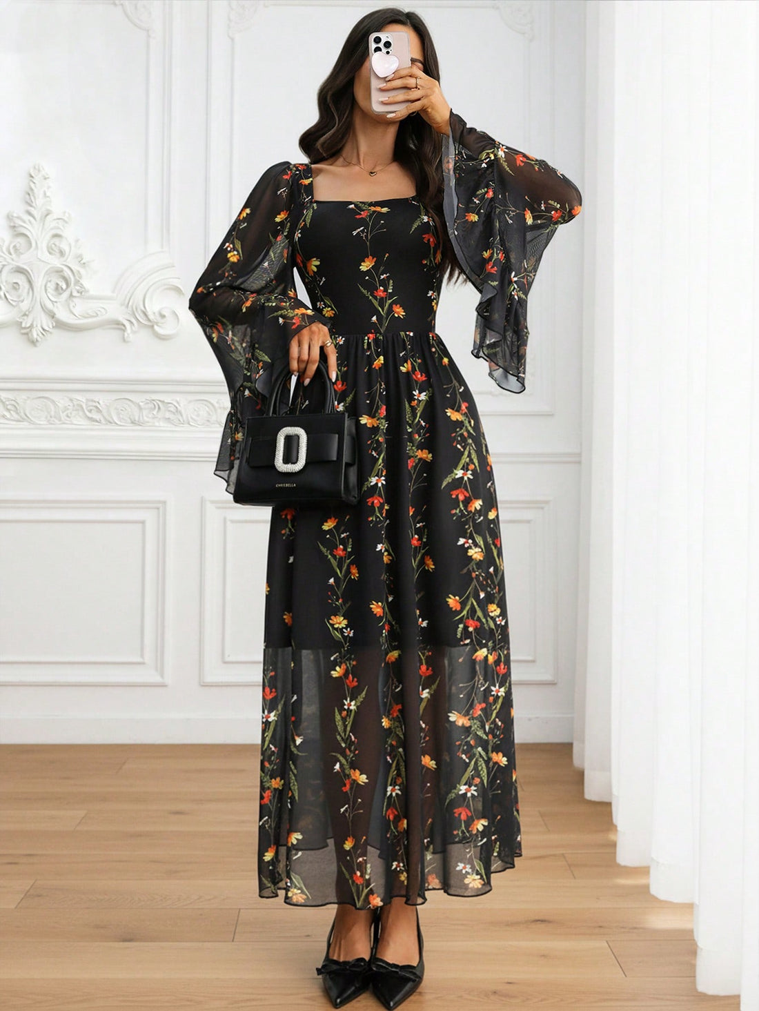 Embrace your inner dark romantic with this enchanting black floral chiffon maxi dress. The elegant French square neckline frames your shoulders beautifully, while billowing sleeves add an ethereal, dramatic flair. Crafted from lightweight chiffon, this floor-length stunner flows with every step, perfect for making a moody-yet-graceful statement. Whether you're channeling gothic elegance or romantic mystery, this dress transforms any occasion into something unforgettably theatrical and utterly captivating.