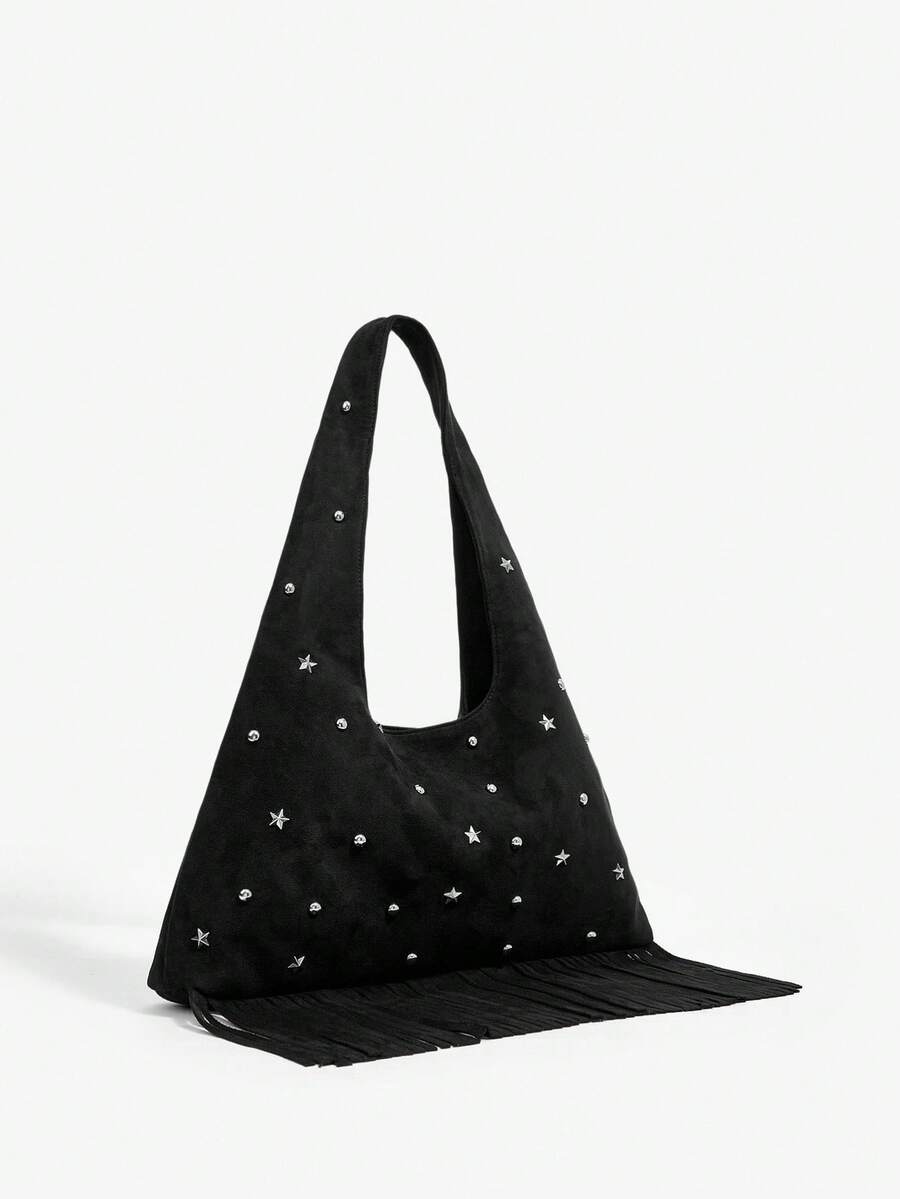 Black hobo bag side angle with fringe tassel detail