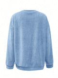 Back product view of plain baby blue crew-neck sweatshirt with ribbed cuffs and hem