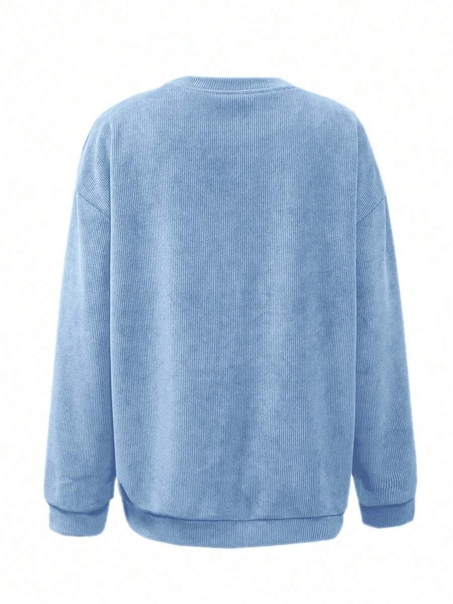 Back product view of plain baby blue crew-neck sweatshirt with ribbed cuffs and hem