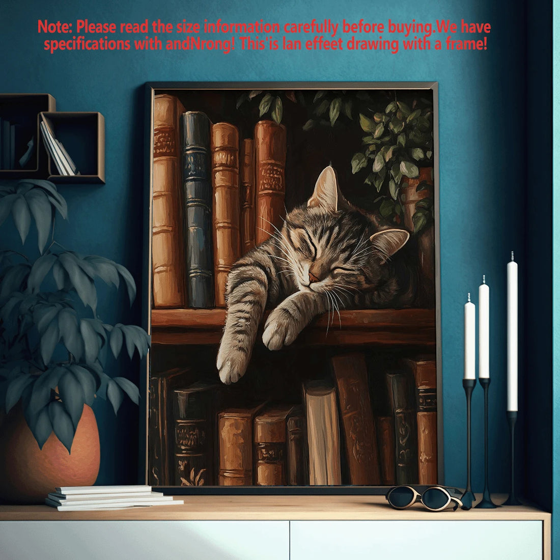 Vintage tabby cat sleeping on a bookshelf canvas wall art in a gold frame