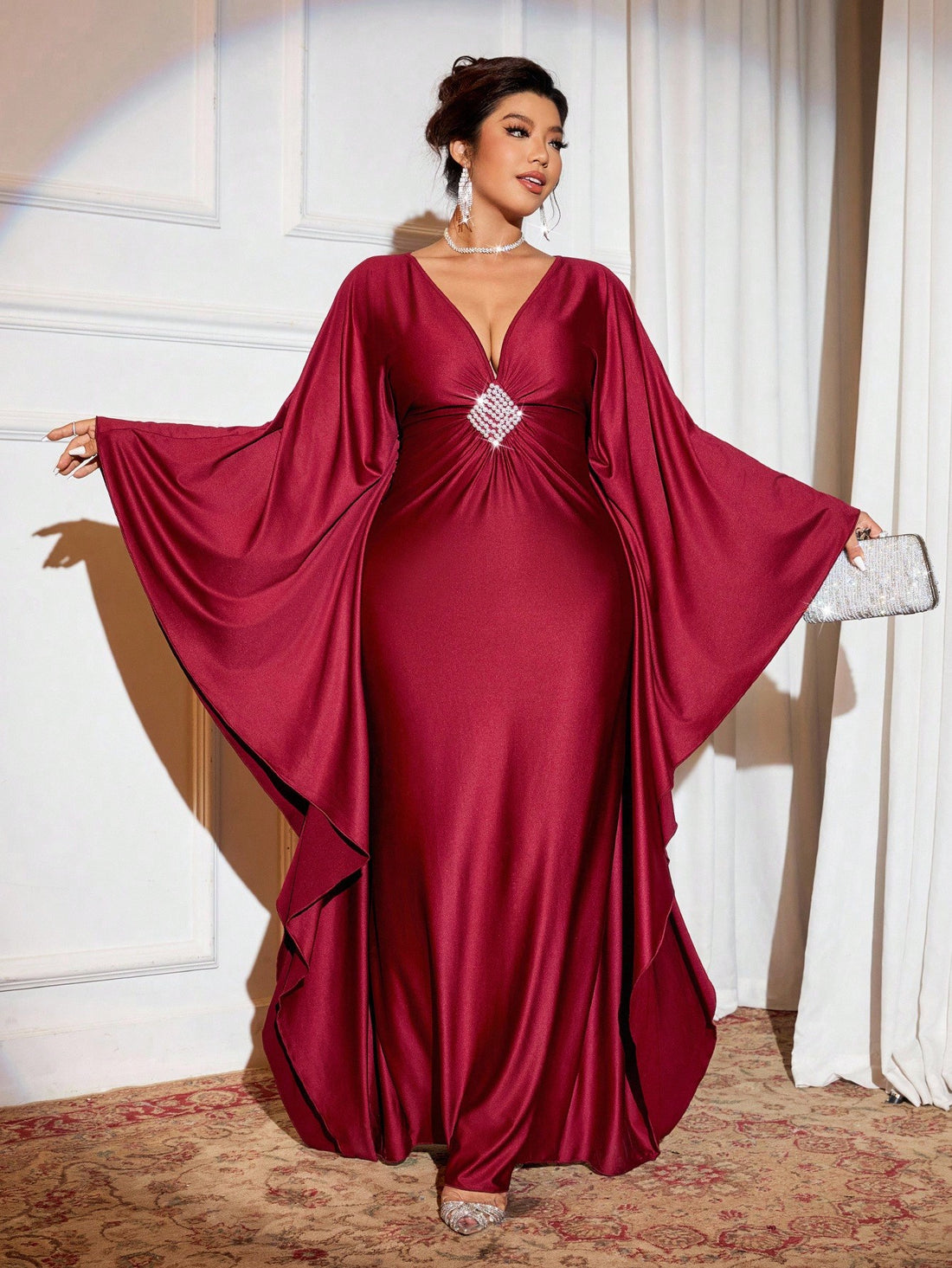 Make a statement this holiday season in this stunning plus-size long dress! Featuring a flattering deep V neckline and eye-catching bubble bead detailing, this elegant piece transforms you into the star of any Christmas party. The flowing silhouette celebrates your curves while the intricate beadwork catches the light beautifully. Perfect for festive gatherings, holiday galas, or any special occasion where you want to feel confident and fabulous. Slip into sophistication and let your inner sparkle shine!