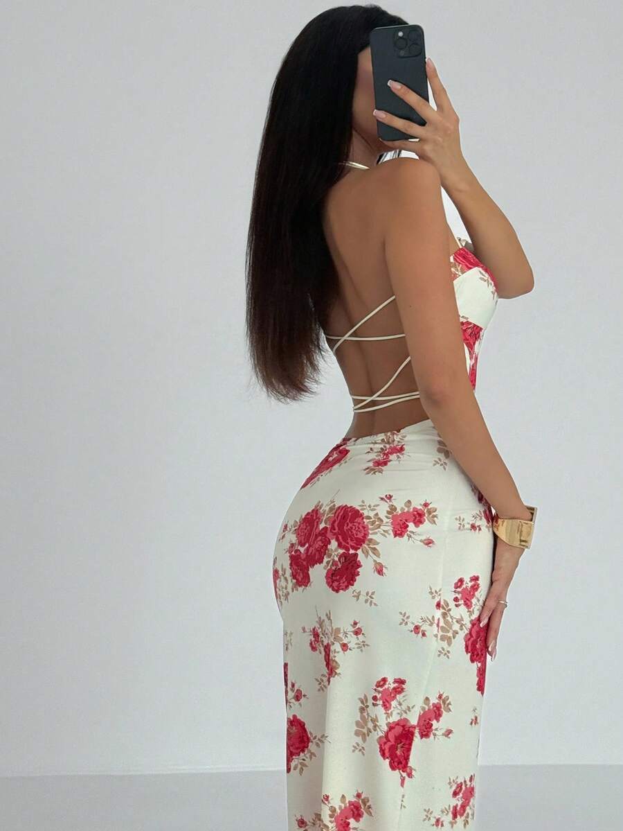 Leopard print crisscross halter maxi dress