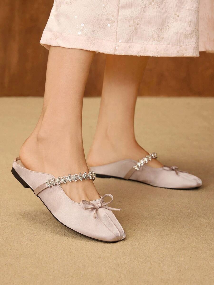 rhinestone bow mule flats image 1 showing visible flat shoe design and product details