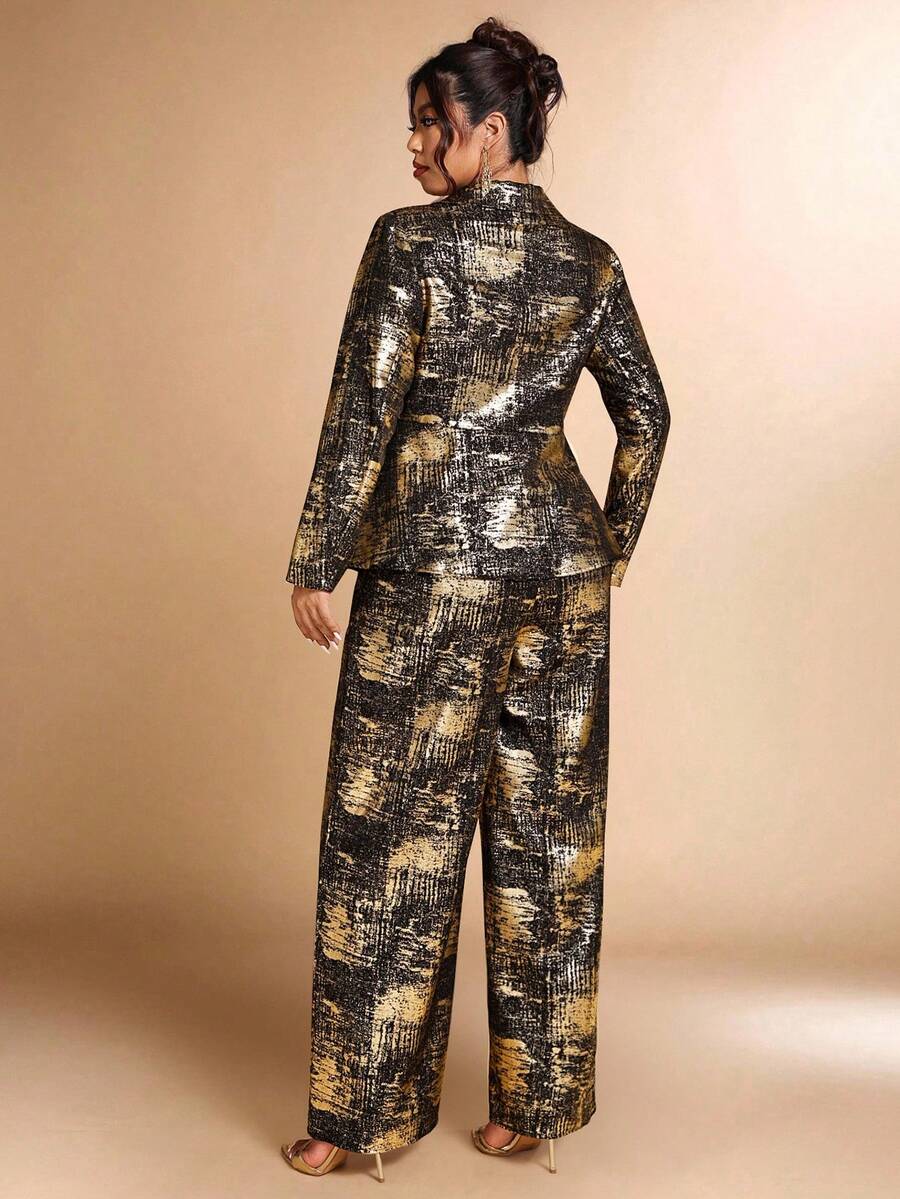 Elevate your wardrobe with this stunning metallic foil suit set—the perfect blend of sophistication and shimmer! Designed for plus-size figures, this two-piece ensemble features a lustrous finish that catches the light beautifully, making you the star of any room. Whether you're commanding the boardroom or turning heads at an evening soirée, this versatile set transitions seamlessly from office chic to party-ready. The rich autumn and winter tones paired with that eye-catching metallic sheen create an unfor