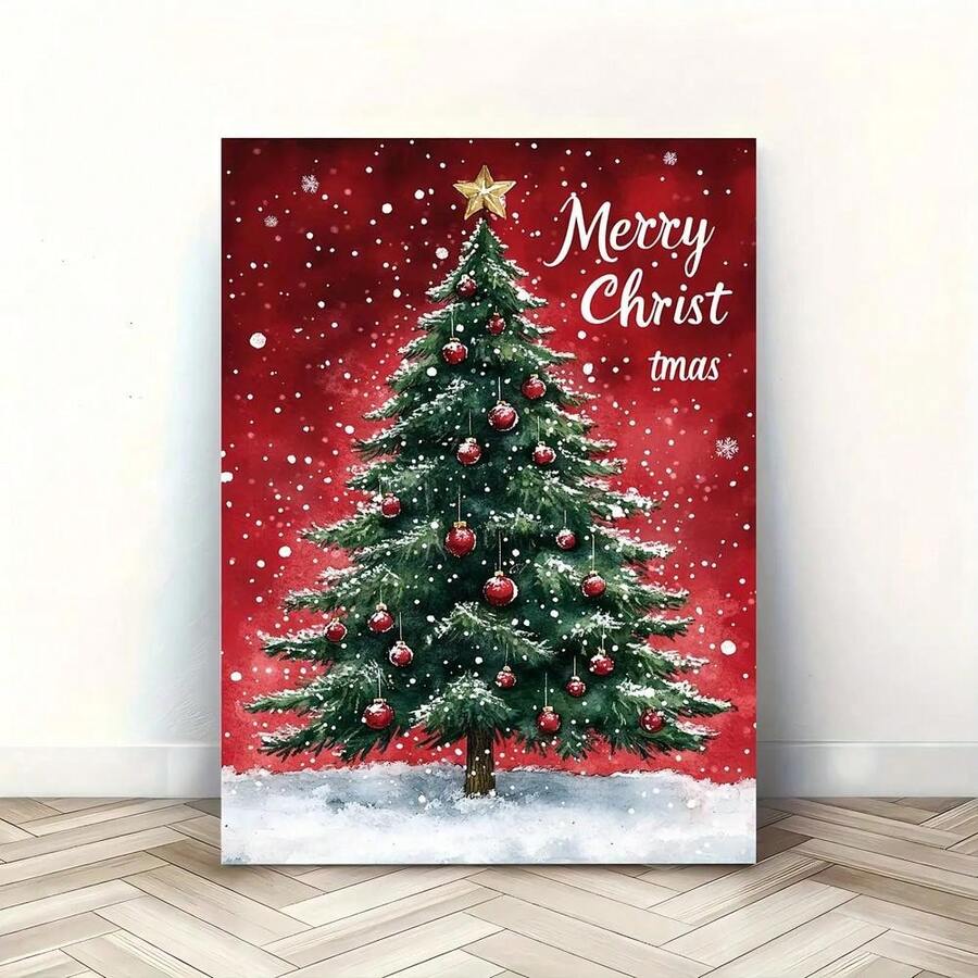 Snowy Christmas tree canvas wall art on a herringbone floor