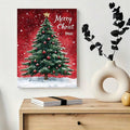 Christmas tree canvas art above a wood console with vase