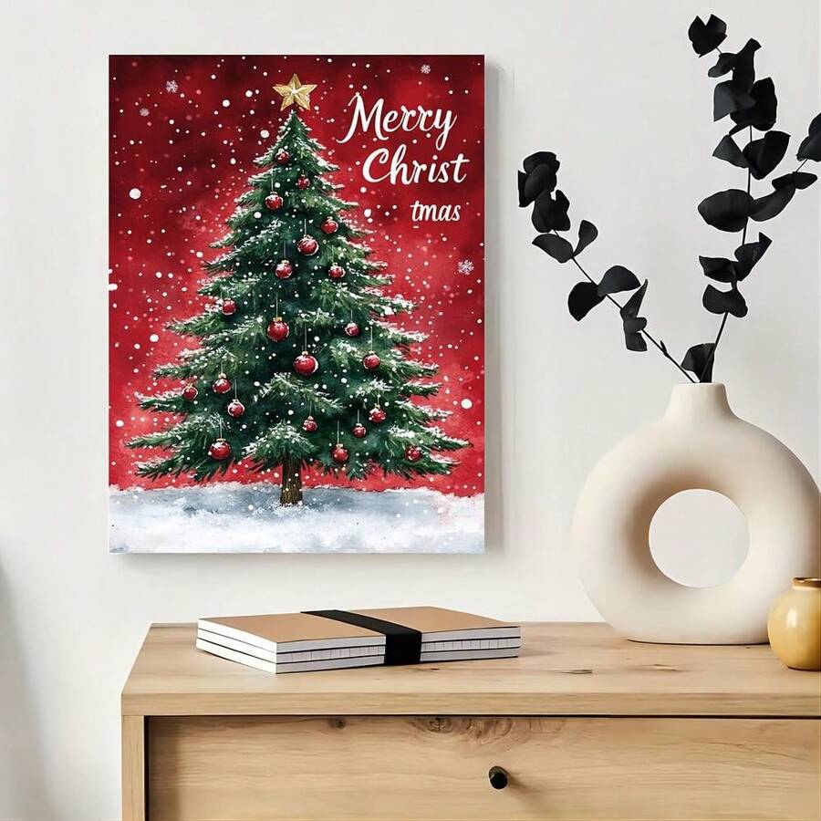 Christmas tree canvas art above a wood console with vase