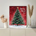 Merry Christmas tree canvas wall art beside pale cabinetry